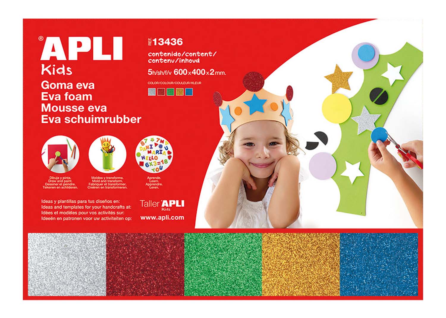 Apli Gomma Crepla Glitter 5 fogli assortiti Rosso, Blu, Argento, Oro, Verde  60cmx40cm - Necchi Shop Online