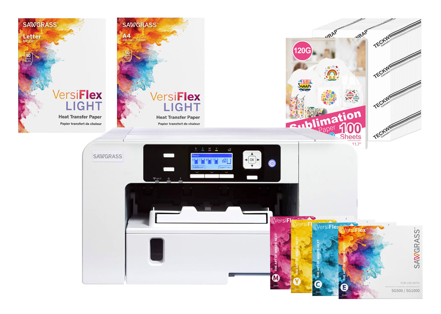 Sawgrass Stampante Sublimatica SG500 A4 con 4 Cartucce 31ml inchiostri VersiFlex + Carta Versiflex Light A4 + Carta Versiflex Light A5 e 200 Fogli per Sublimazione