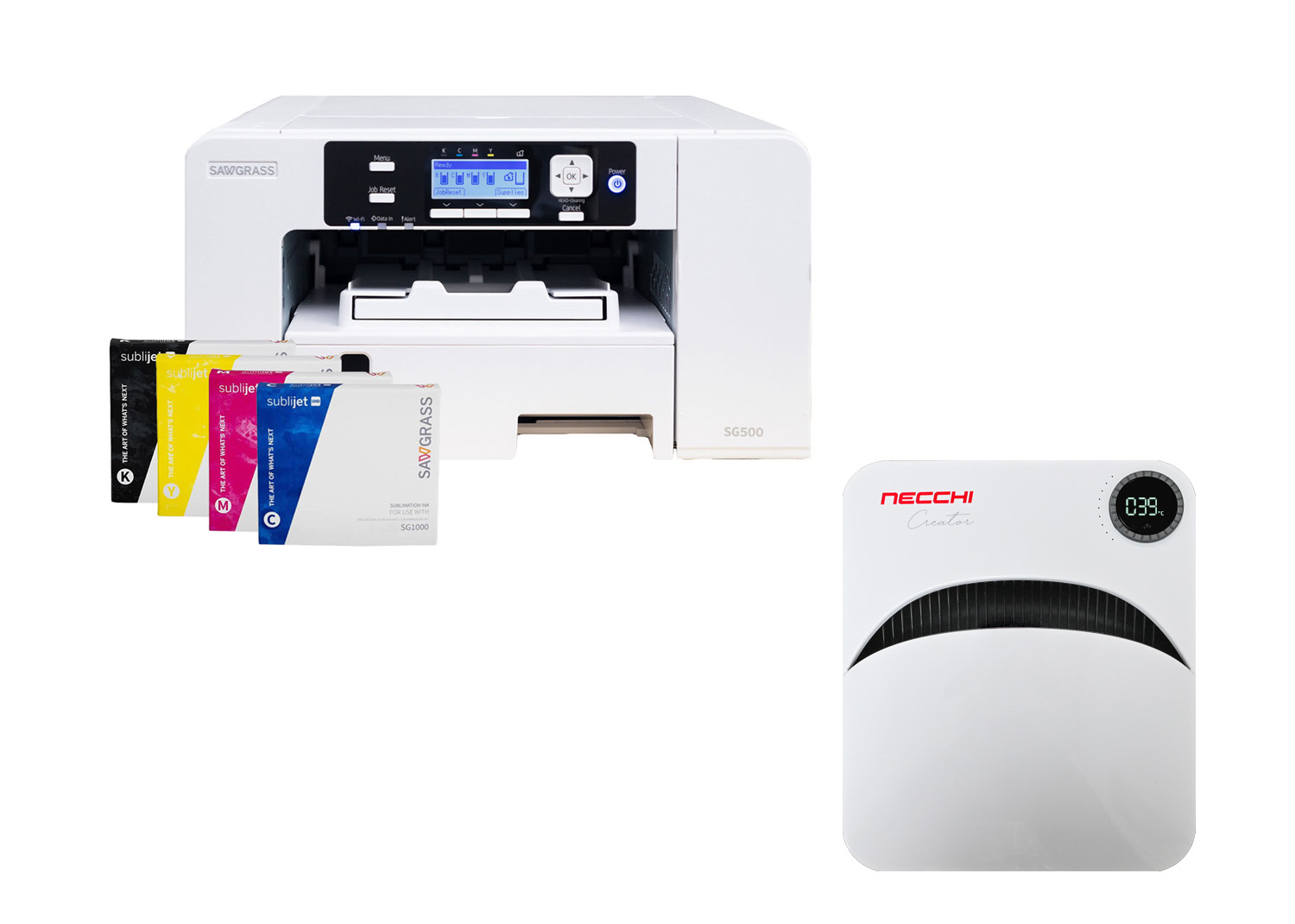 Sawgrass Stampante Sublimatica SG500 A4 con 4 Cartucce 31 ml inchiostri UHD ad alta intensità + Necchi Flatpress Creator Maxi con Tappetino incluso 30,48cm x 24,4cm