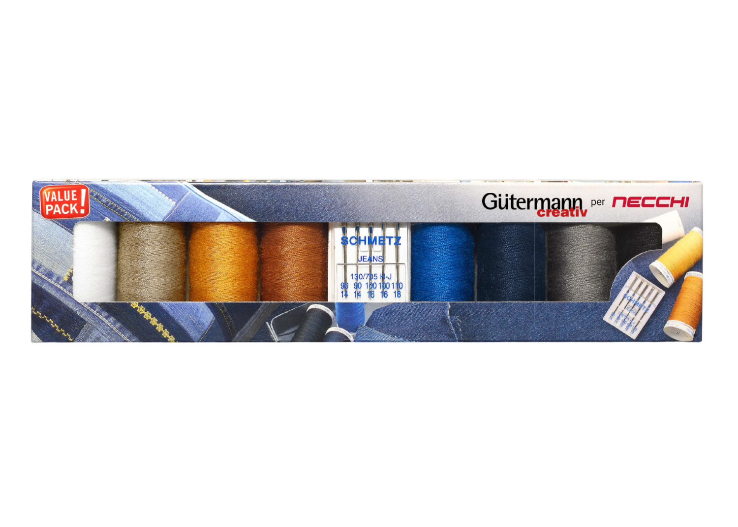 Gutermann x Necchi Denim-Box con 8 bobine Denim e aghi per cucire Jeans Schmetz